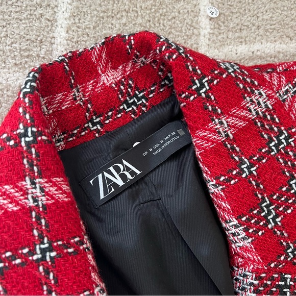 NWOT ZARA Red Plaid Tweed Double Breasted Blazer - Picture 4 of 8